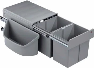 A gray pull-out waste bin system with multiple compartments, shown extended from a cabinet.