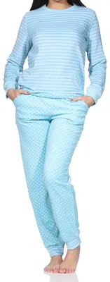 Produktbild von Normann Damen Frottee Pyjama lang mit Bündchen in Tupfen- und Ringeldesign ; Ringel türkis , 44