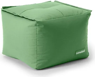 A green cube-shaped ottoman is shown from a slight angle against a white background.