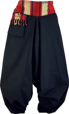 Produktbild von Haremshose, Thai Pluderhose, Goahose mit Webbund, Fransentasche - Schwarz, Damen, Baumwolle, Hosen