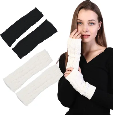 Produktbild von 2 Paar Damen-Winter-Armstulpen, warme fingerlose Handschuhe, handgehäkelt