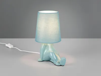 Produktbild von Ausgefallene LED Tischlampe Keramik Blau mit Stoffschirm, kleine Nachttischlampe