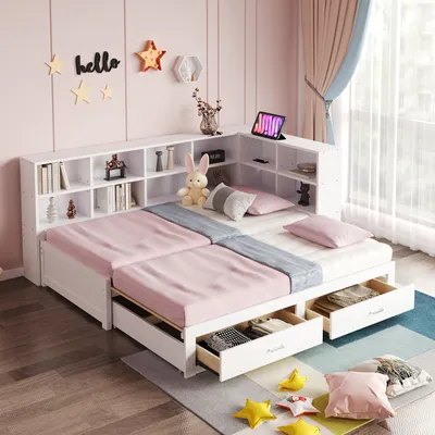 Produktbild von Flieks Tagesbett Daybed 90x190cm mit Ausziehbett, Kinderbett Jugendbett mit Schubladen und Staufächern, Klassisches Bett Stauraumbett, Weiß