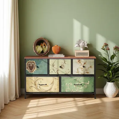 Produktbild von INONEFT Kommode mit 5 Schubladen, Retro Sideboard mit Holzplatte Stoffschubladen Metallgestell, Kommode für Schlafzimmer Wohnzimmer 30x55x100 cm