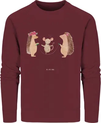 Produktbild von Mr. & Mrs. Panda Organic Pullover Igel Seilhüpfen Größe XL - Burgundy - Geschenk, Baumwoll, Lustige Sprüche, Kinder, Pulli, Bio, Sweater, Kindergarten, Seilspringen, Maus