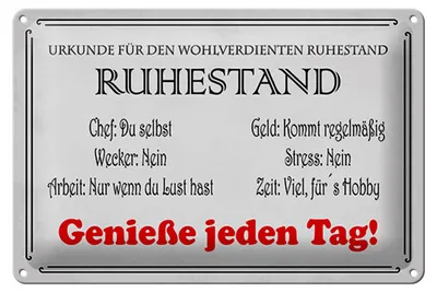 Produktbild von Blechschild Spruch 12x18 cm Urkunde wohlverdienter Ruhestand Schild