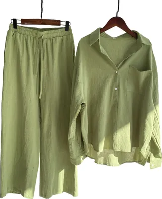 Produktbild von ASKSA Damen Hosenanzug Musselin Bluse Zweiteiler Sommer Langarmshirt Weites Bein Hose Loungewear, Hellgruen, Groesse: L