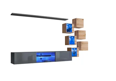 Produktbild von Set 8tlg Designer Wohnwand Grau Einrichtung Holzmöbel Wandschrank Neu