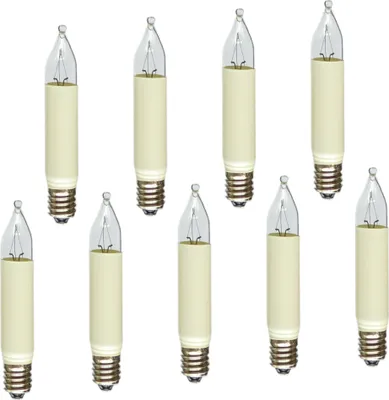 A collection of nine small candle-shaped light bulbs with cream-colored bases and clear glass tops, arranged in two rows against a white background.