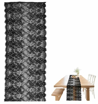 Obrázek produktu pro Černé krajkové ubrousky na stůl – Kreativní dekorace pro jídelní stůl a kancelář (300x70 cm)