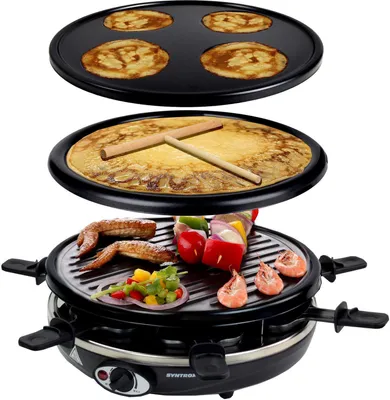A multi-level raclette grill with cooking surfaces for pancakes and grilling.