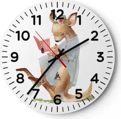 Produktbild von Wanduhr - Rund - Glasuhr - Känguru Mama Kind - 30x30cm - Schleichendes Uhrwerk - Lautlos - zum Aufhängen bereit - Dekoration Modern - Wanddekoration aus Glas - C4AR30x30-4705