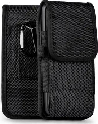 A black phone belt pouch with a carabiner attached.