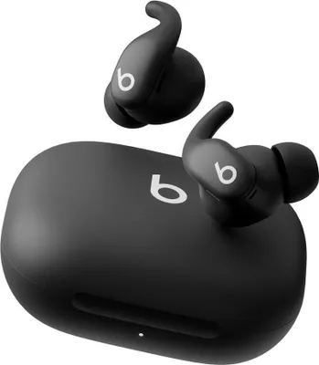 A pair of black wireless earbuds and their charging case are displayed against a white background.