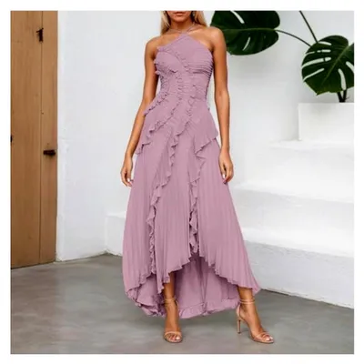 Produktbild von Elegantes Abendkleid für Damen, langes Ballkleid, ärmellos mit Nackenband, einfarbiges Chiffonkleid, Maxikleid mit Rüschenbesatz, Wickeldesign und Seitenschlitz, modisches Sommer-Cocktailkleid