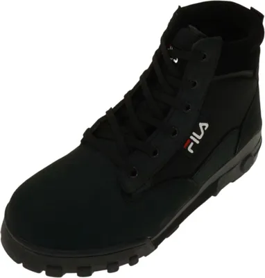 A black Fila high-top boot is shown against a white background.