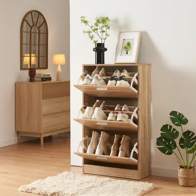 Produktbild von Schuhschrank 'Sykkylven' Schuhkipper mit 3 Klappen 103 x 60 x 24 cm Sonoma-Eiche