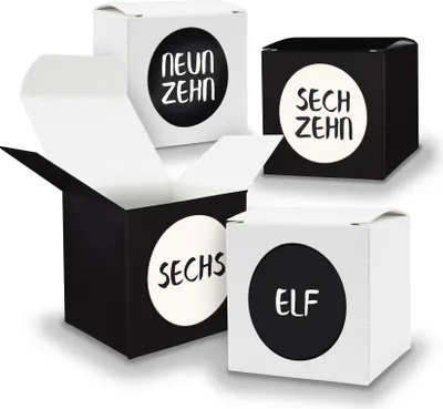 Produktbild von Adventskalender zum Füllen 24x Würfel 5cm SCHWARZ + WEIß + Sticker V17 Z23