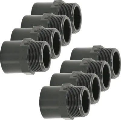 Produktbild von HAF 8x PVC Fittings Übergangsnippel mit 50/63mm x 1 1/2" | Klebemuffe/Klebestutzen x Außengewinde | Übergangsmuffe aus grauem PVC | PN16 für Rohr