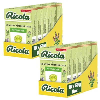 Image de Ricola Menthe à la pomme sans sucre en Böxli doux frais 50g paquet de 20