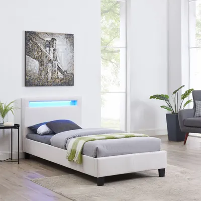 Produktbild von Polsterbett HIMALAYA mit LED Beleuchtung Einzelbett Jugendbett 90x200 cm mit Lattenrahmen, Stoffbezug in weiß
