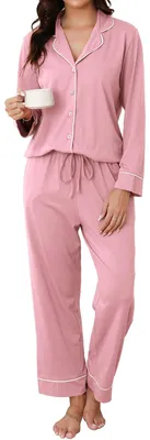 Produktbild von Damen-Pyjama-Set aus Baumwolle mit Knopfleiste und langen Ärmeln