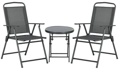 Zdjęcie produktu dla Zestaw bistro 3-częściowy z metalu Odporny na warunki atmosferyczne zestaw mebli ogrodowych ze składanym stołem szklanym Krzesła ogrodowe Ciemnoszary