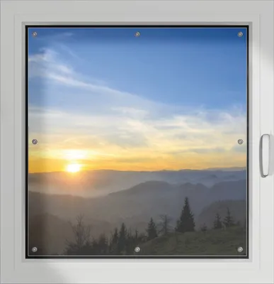 Produktbild von Wallario Lichtschutzbild, Dekorativer Sichtschutz Sonnenschutz 96 x 93 cm mit Motiv: Sonnenaufgang über dem Schwarzwald - Verdunklung ohne Bohren