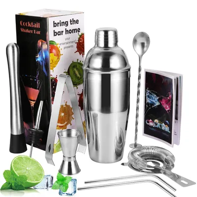 Produktbild von Cocktail-Shaker, 9-teiliges Cocktail-Shaker-Set, Edelstahl-Shaker-Set, Bar-Zubehör, Cocktail-Rührer mit 750-ml-Shaker/Bar-Rührer/Messbecher/Eiswürfel