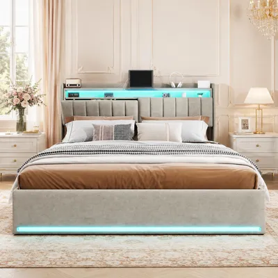 Produktbild von INONEFT Polsterbett 160x200cm mit hydraulik stauraum, boxspringbett mit LED und USB Typ-C, jungend doppelbett mit lattenrost und bettkasten, samt grau, KI-generiertes Bild