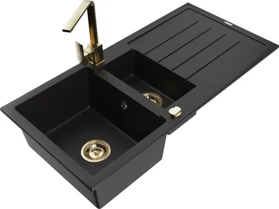 Produktbild von Mexen Andres 1,5-Becken-Granitspüle mit Abtropffläche und Mischbatterie Rita, Schwarz - 6515-77-670300-50