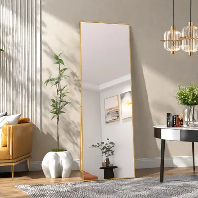 Obrázok produktu pre Veľké celoplošné zrkadlo, 162 x 53 cm, veľké stojace zrkadlo, závesné zrkadlo, obdĺžnikové, zlaté