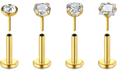 Image de Piercing labial, modèle labret, tige de 1,2 x 6 mm, en acier chirurgical doré, lot de 4