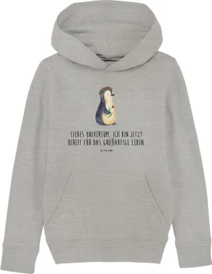 Produktbild von Mr. & Mrs. Panda Kinderpullover Pinguin Blumen 7-8 Jahre (122/128) - Heather Grey - Geschenk, Hoodie, Sweatshirt, Pullover, Kapuzensweatshirt, Kapuzenpullover, Sweater