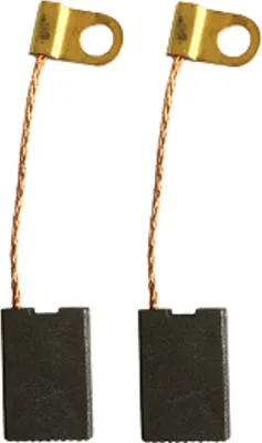 Two carbon brushes with copper wires and gold connectors against a white background.