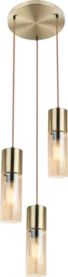 A close-up studio shot of a three-light pendant lamp.