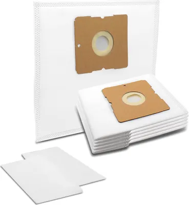 A stack of white vacuum cleaner bags with brown cardboard openings are displayed on a white background, along with two loose white flat pieces.