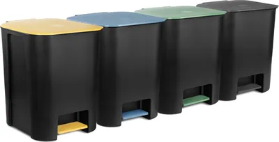 Four black pedal bins with different colored lids and pedals lined up against a white background.
