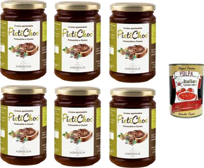 Produktbild von Agrisicilia Pistichoc Crema spalmabile al Pistacchio e Cacao Streichfähige Creme mit Pistazien und Kakao 6x360gr + Italian Gourmet polpa 400g