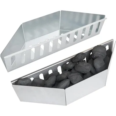 Two metal charcoal baskets for a grill, one empty and one filled with charcoal.