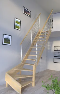 Produktbild von Holztreppe Korfu 1/4 gewendelter Ausführung rechts-Design Geländer Edelstahl-beidseitig-ohne Setzstufen