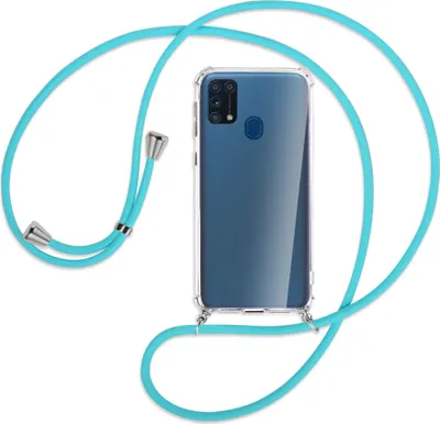Produktbild von Handykette Backcover-Schutzhülle mit Band (Metall silberfarben) für Samsung Galaxy M31 - türkis