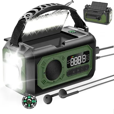 A portable solar-powered emergency radio with a flashlight and power bank.