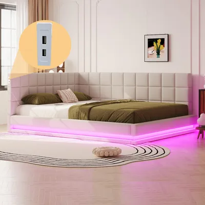 A modern bed with LED lighting and a headboard in a bedroom setting.