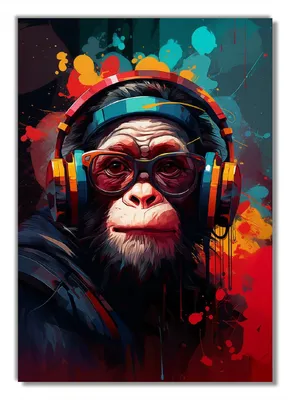Produktbild von Wallario Premium Glasbild, freischwebende Optik, kräftige Farben, Größe 100 x 70 cm Motiv Chimp - Musik