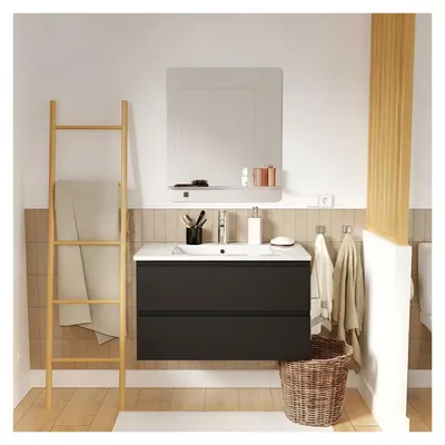 Produktbild von Einzelwaschtisch 80 cm, Eichenoptik, mit Armatur und Spiegel, SORRENTO