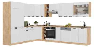 Produktbild von Eckküche Vicco Fame-Line Weiß Landhaus/Goldkraft Eiche 347 x 257 cm ohne Arbeitsplatte, Model 57046