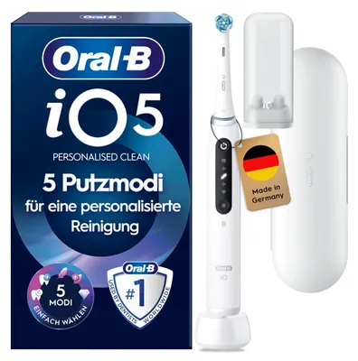 Produktbild von Oral-B iO Series 5, Erwachsener, Rotierende-vibrierende Zahnbürste, Tägliche Pflege, Intensiv, Sensibel, Super sensitive, Whitening, Weiß, 2 min, Weiß