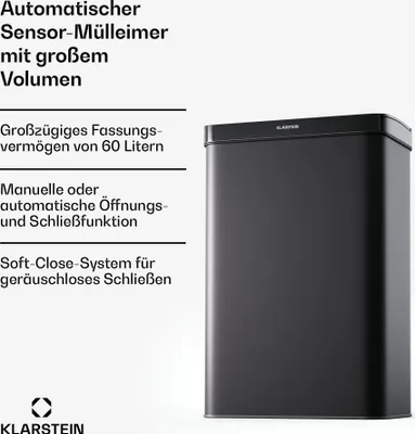 Produktbild von Klarstein Sensor-Mülleimer 60L - berührungslos mit Bewegungssensor & Soft-Close, Edelstahl, Mattschwarz, Küchen-Abfalleimer, 3-in-1-Mülleimer mit Trennsystem