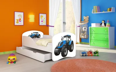 Produktbild von ACMA I Jugendbett Kinderbett Junior-Bett Komplett-Set mit Matratze Lattenrost Weiß 42 Traktor 180x80 + Bettkasten